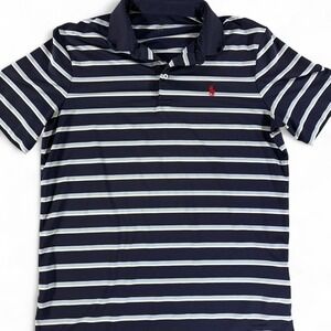 Polo Ralph Lauren Navy Blue & White Horizontal Striped Performance Polo Shirt. M